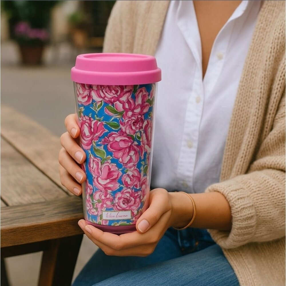 Lilly Pulitzer ✦ Insulated Floral Travel Mug ✦ Pink Flip-Top Lid 16oz BPA-Free